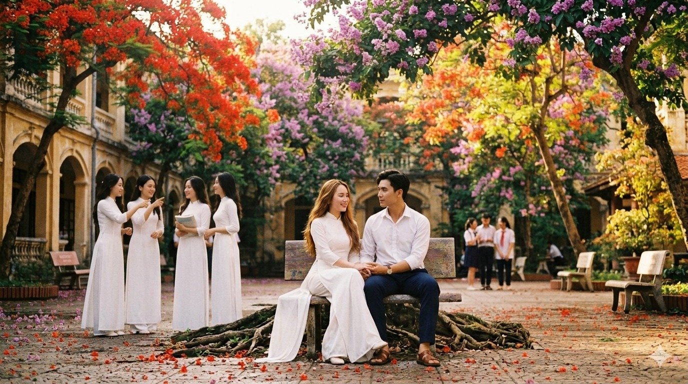 Mái trường thân quen trong sắc hoa của tuổi học trò